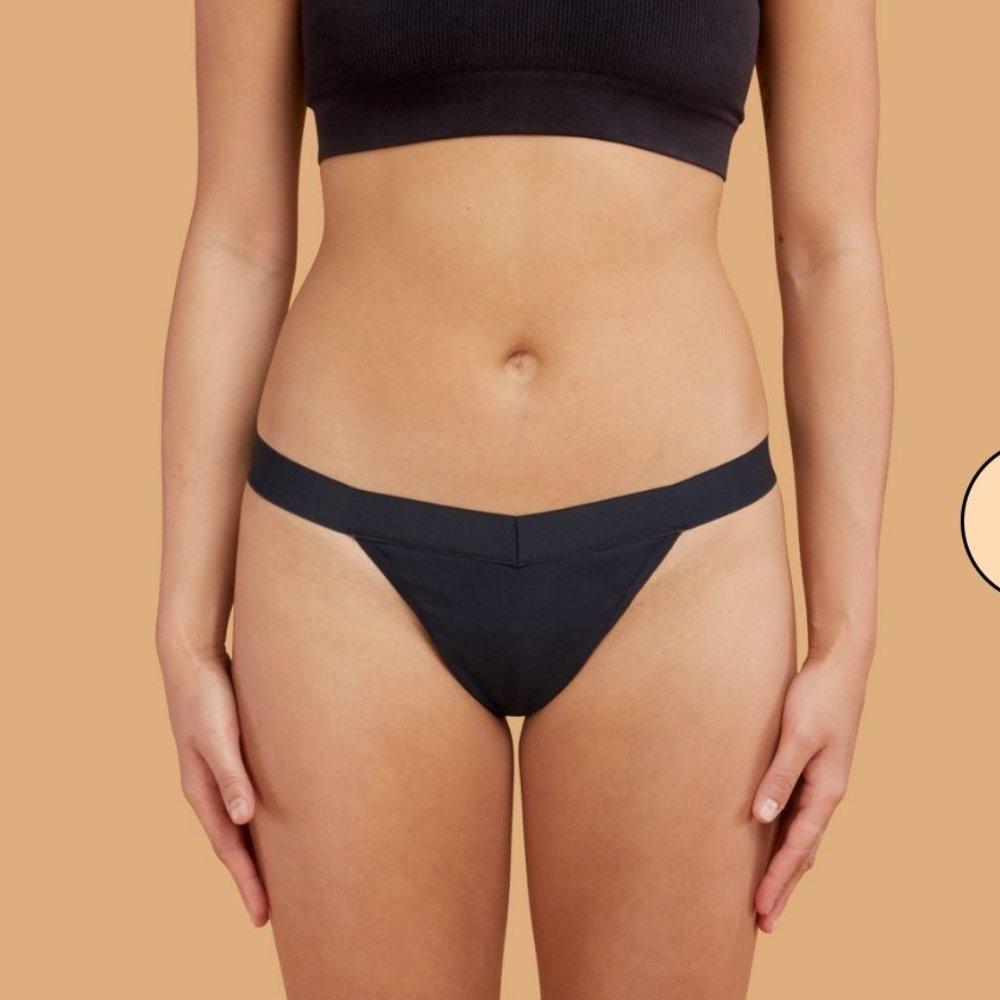 Thinx Cotton Thong Period Underwear, M, Black, washed + tags
